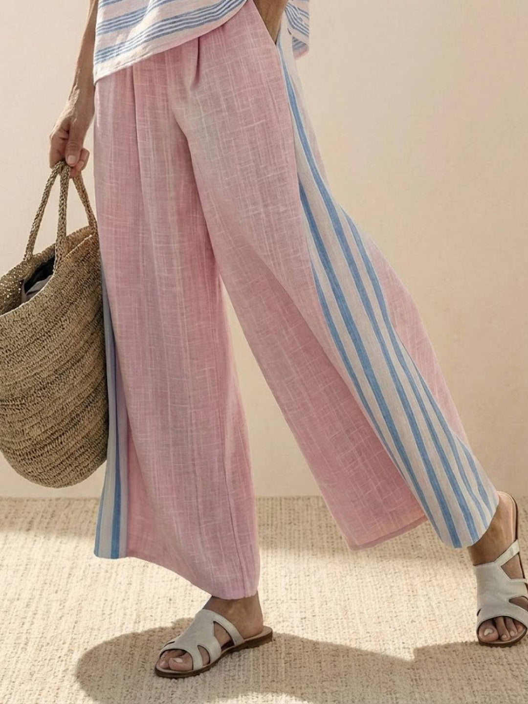 Women's Striped Two-Piece Set with Wide-Leg Trousers and Tee