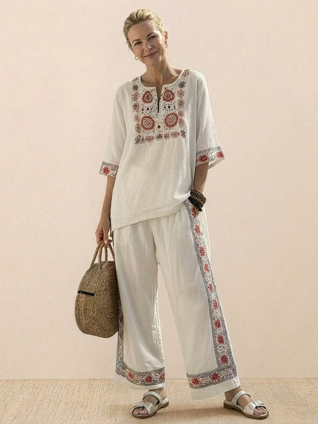 Women's Striped Two-Piece Set with Wide-Leg Trousers and Tee