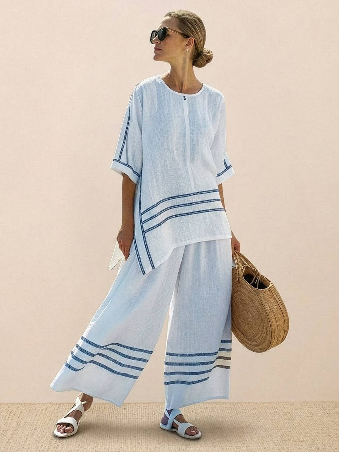Women's Striped Two-Piece Set with Wide-Leg Trousers and Tee