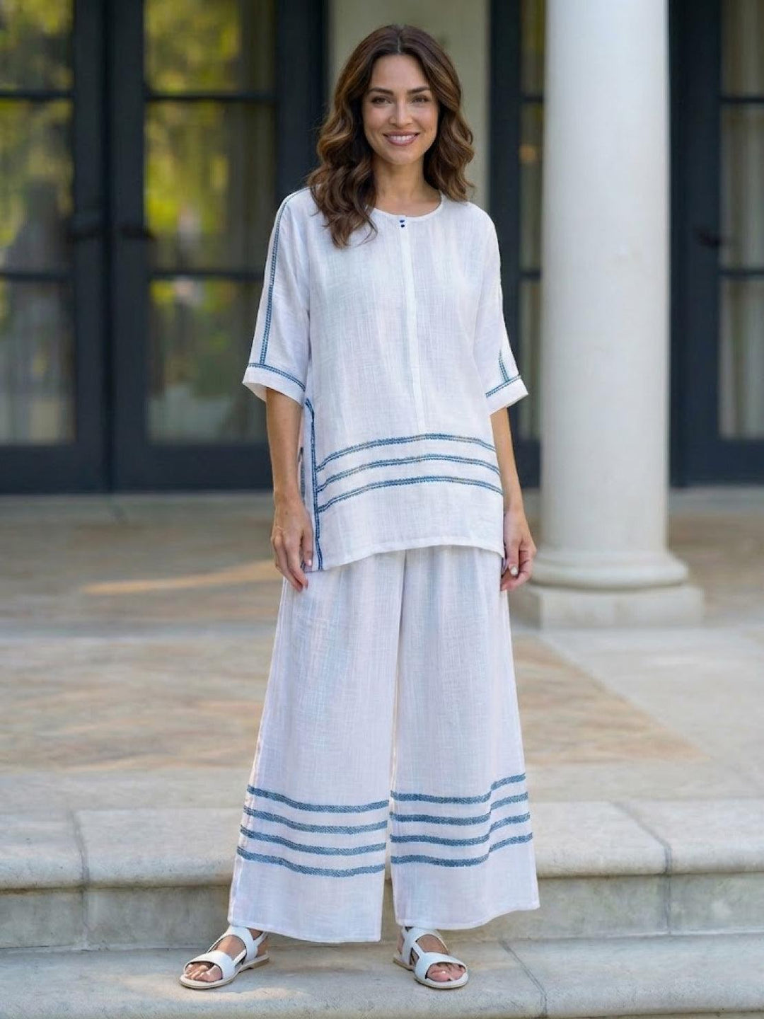 Women's Striped Two-Piece Set with Wide-Leg Trousers and Tee