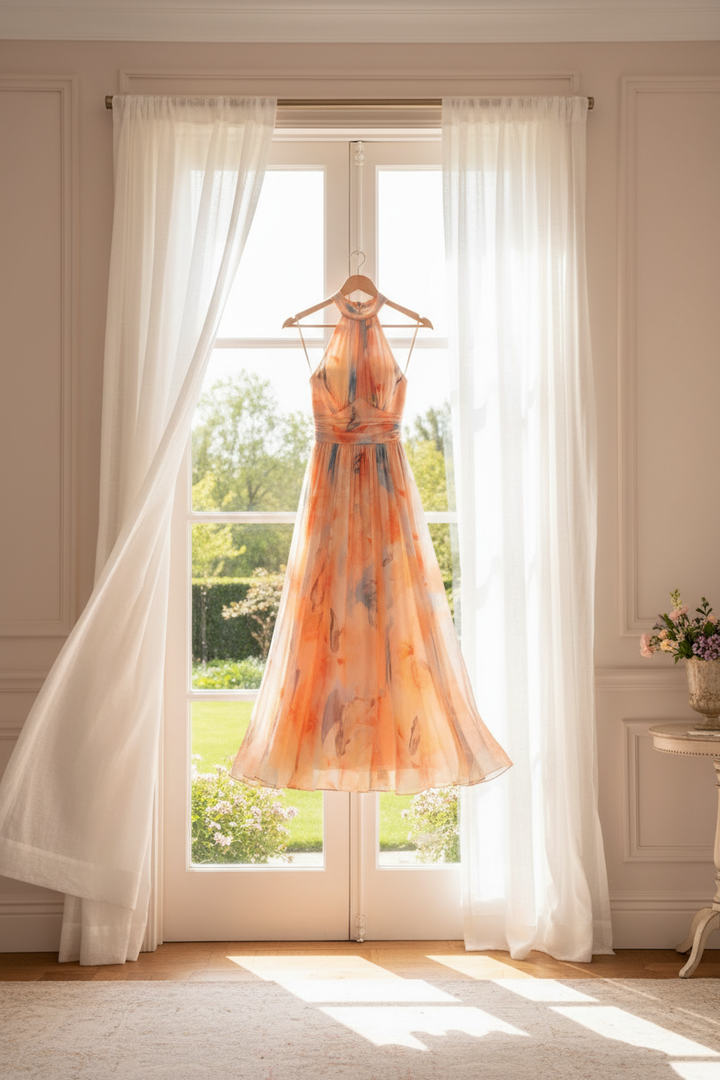 Women's Peach Floral Flowy Halter Neck Maxi Dress - Wedding Guest