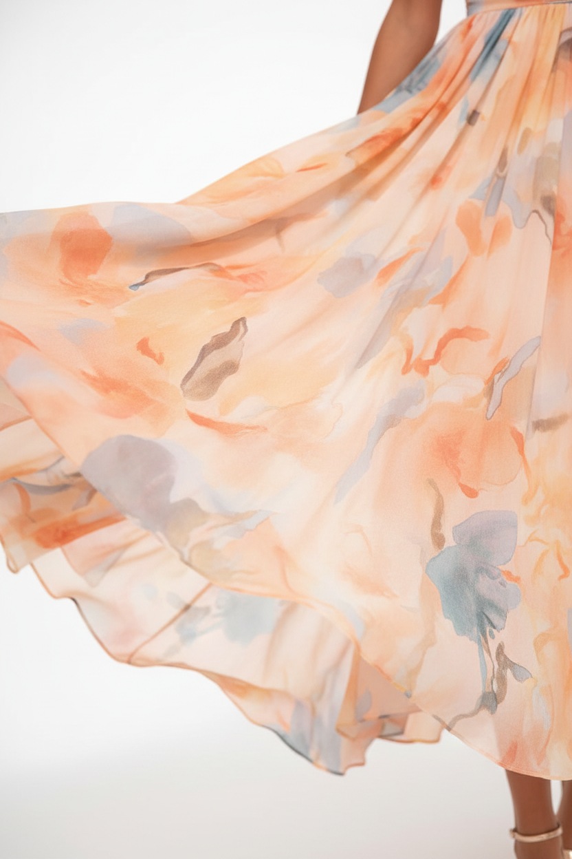 Women's Peach Floral Flowy Halter Neck Maxi Dress - Wedding Guest