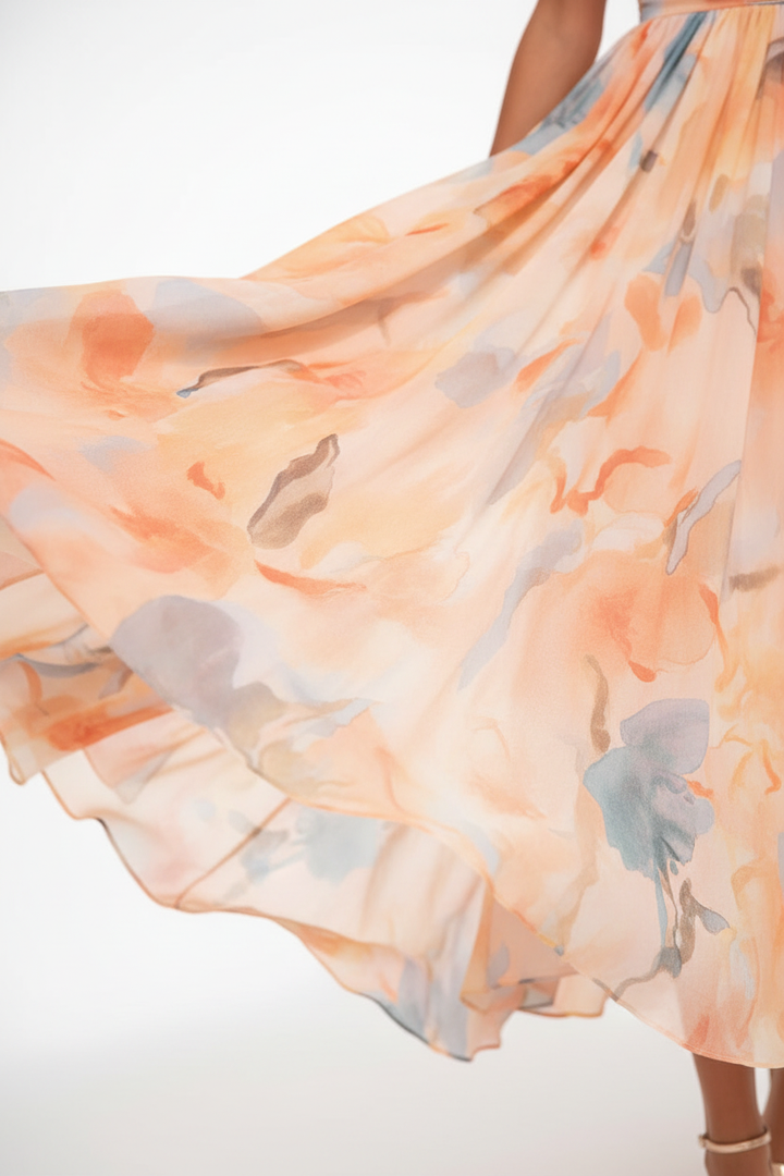 Women's Peach Floral Flowy Halter Neck Maxi Dress - Wedding Guest