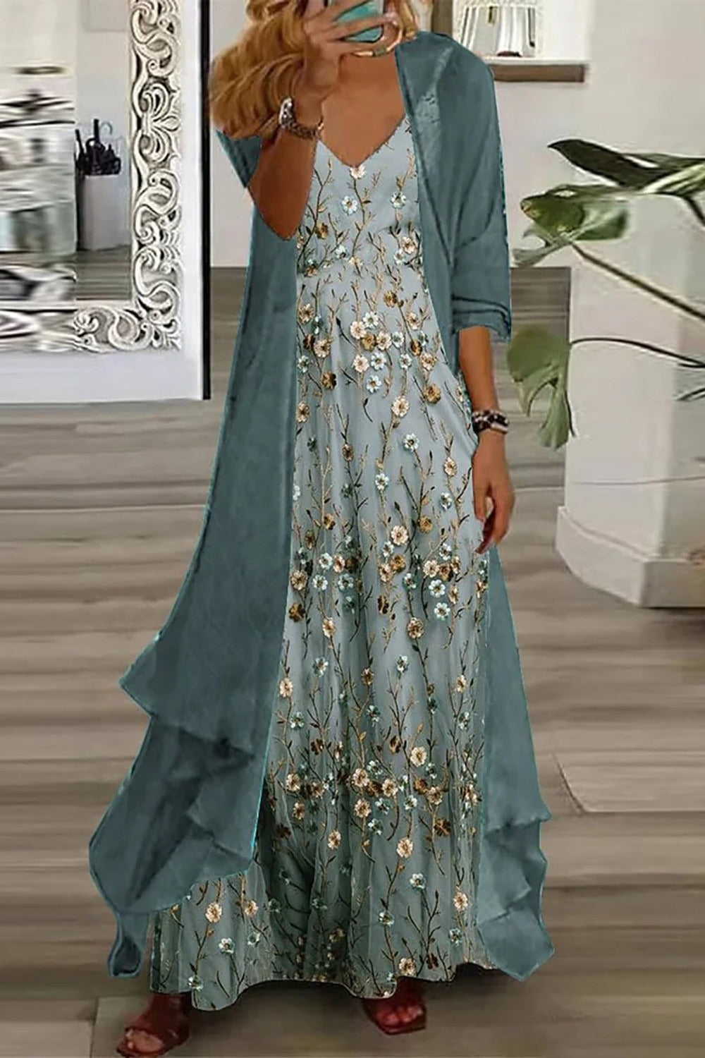 Floral Maxi Dress Set with Duster Cardigan – Women's Casual Dress | Isabella